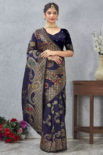 navy blue color banarasi silk blend meenakari work saree with blouse