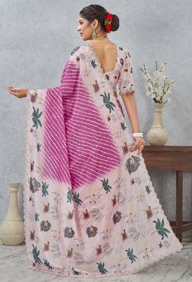 Pink color zirkon cut border worksatin digital printed saree with blouse 2