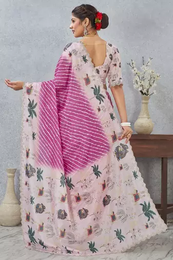 Pink color zirkon cut border worksatin digital printed saree with blouse