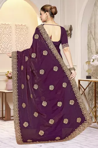Wine color zirkon work & codding embroidered fendy satin silk blend  saree with blouse