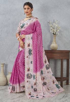 Pink color zirkon cut border worksatin digital printed saree with blouse 3