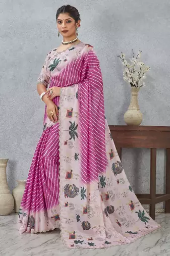 Pink color zirkon cut border worksatin digital printed saree with blouse