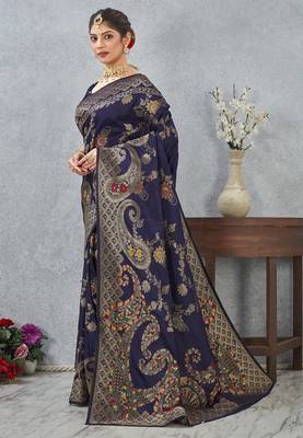 navy blue color banarasi silk blend meenakari work saree with blouse 4