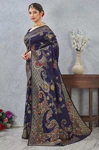 navy blue color banarasi silk blend meenakari work saree with blouse
