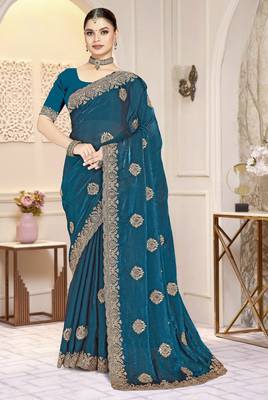 Morpeach color zirkon work & codding embroidered fendy satin silk blend  saree with blouse 1