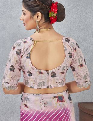 Pink color zirkon cut border worksatin digital printed saree with blouse 4