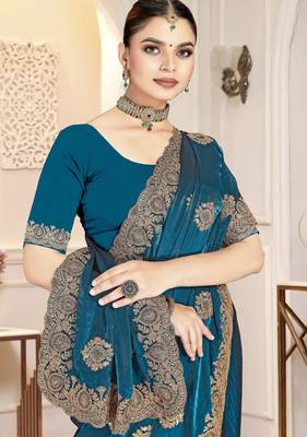 Morpeach color zirkon work & codding embroidered fendy satin silk blend  saree with blouse 2