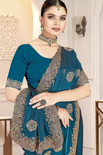 Morpeach color zirkon work & codding embroidered fendy satin silk blend  saree with blouse