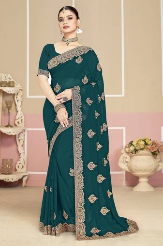 Morpeach color zirkon work & codding embroidered georgette saree with blouse