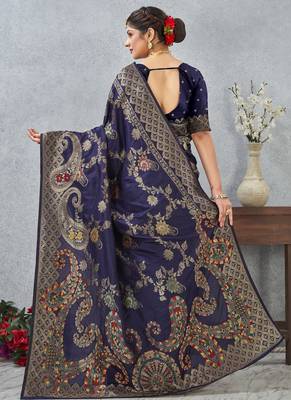 navy blue color banarasi silk blend meenakari work saree with blouse 5