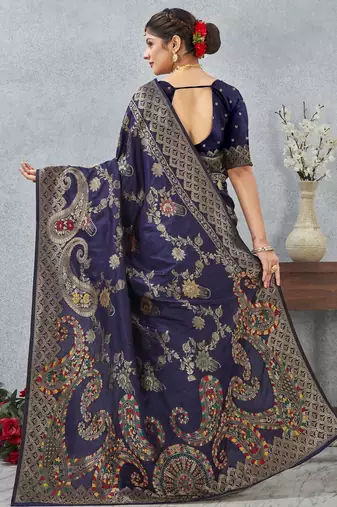 navy blue color banarasi silk blend meenakari work saree with blouse