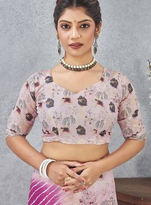Pink color zirkon cut border worksatin digital printed saree with blouse 5