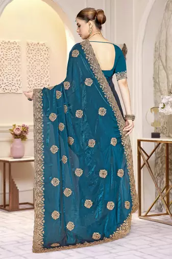 Morpeach color zirkon work & codding embroidered fendy satin silk blend  saree with blouse