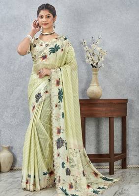 Lemon color zirkon cut border worksatin digital printed saree with blouse 1