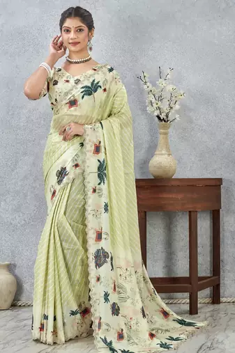 Lemon color zirkon cut border worksatin digital printed saree with blouse