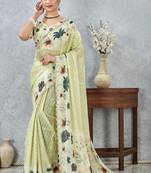 Lemon color zirkon cut border worksatin digital printed saree with blouse