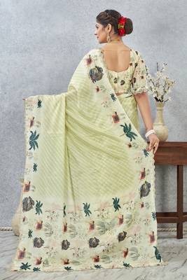 Lemon color zirkon cut border worksatin digital printed saree with blouse 2