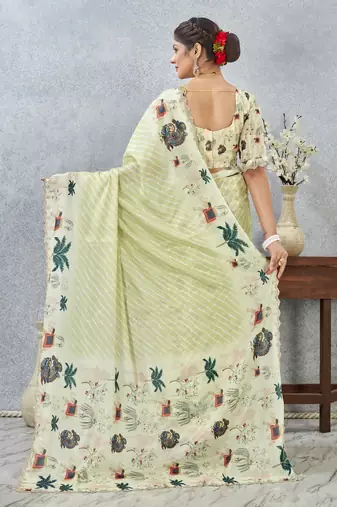Lemon color zirkon cut border worksatin digital printed saree with blouse