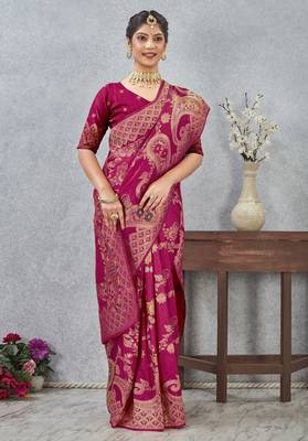 rani color banarasi silk blend meenakari work saree with blouse 1