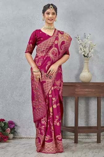 rani color banarasi silk blend meenakari work saree with blouse