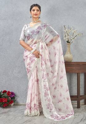 Pink zirkon work border fendy satin digital print saree with blouse 1