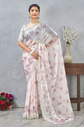 Pink color zirkon work border fendy satin digital print saree with blouse