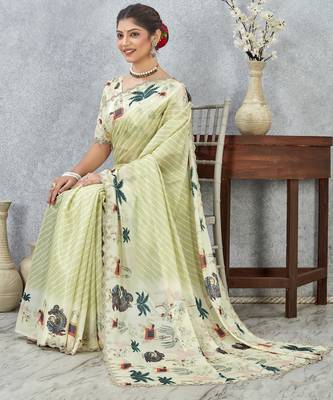 Lemon color zirkon cut border worksatin digital printed saree with blouse 3