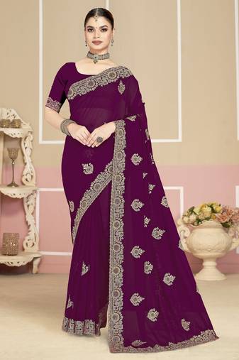 Wine color zirkon work & codding embroidered georgette saree with blouse