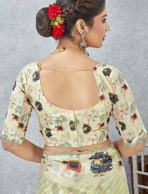 Lemon color zirkon cut border worksatin digital printed saree with blouse 4