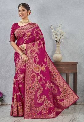 rani color banarasi silk blend meenakari work saree with blouse 2