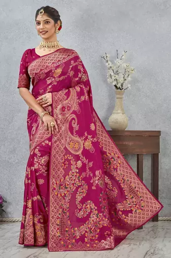 rani color banarasi silk blend meenakari work saree with blouse