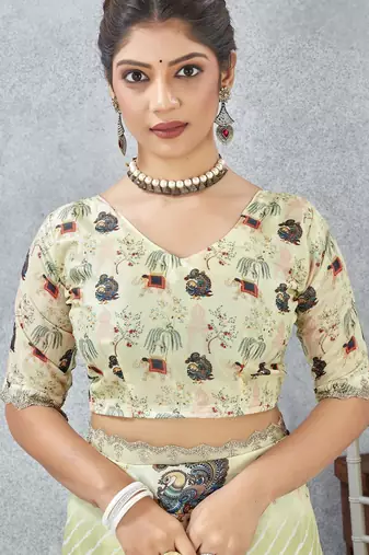 Lemon color zirkon cut border worksatin digital printed saree with blouse
