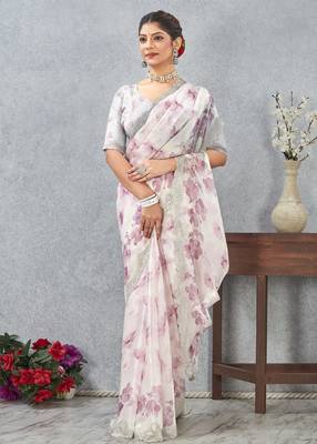 Pink zirkon work border fendy satin digital print saree with blouse 2