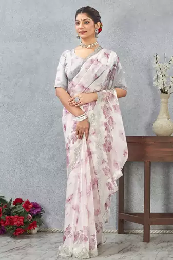 Pink color zirkon work border fendy satin digital print saree with blouse