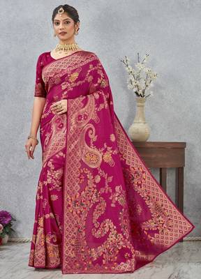 rani color banarasi silk blend meenakari work saree with blouse 3