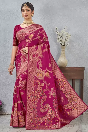 rani color banarasi silk blend meenakari work saree with blouse