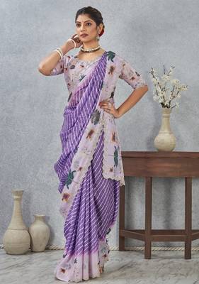 Purple color zirkon cut border worksatin digital printed saree with blouse 1