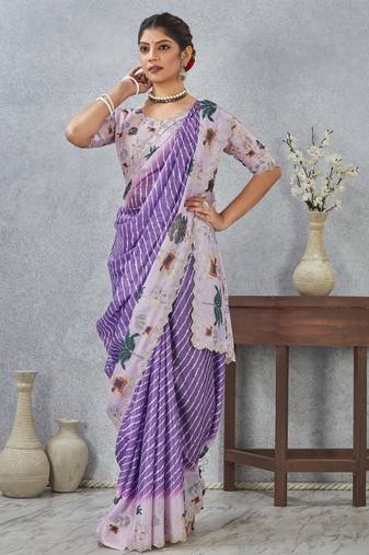Purple color zirkon cut border worksatin digital printed saree with blouse
