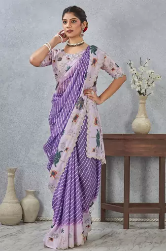 Purple color zirkon cut border worksatin digital printed saree with blouse