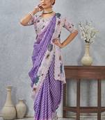Purple color zirkon cut border worksatin digital printed saree with blouse