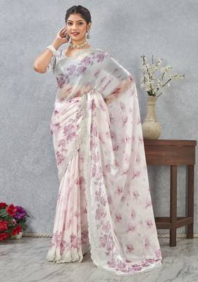 Pink zirkon work border fendy satin digital print saree with blouse 3