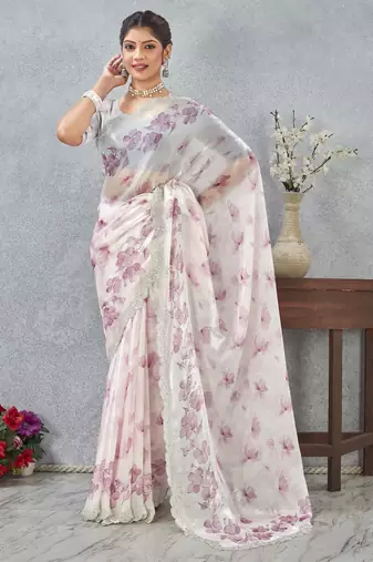 Pink color zirkon work border fendy satin digital print saree with blouse