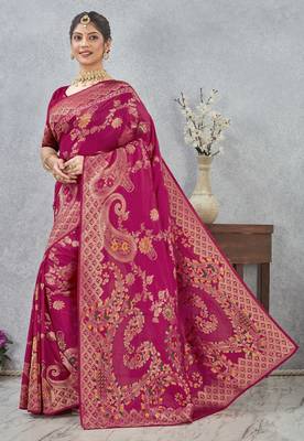 rani color banarasi silk blend meenakari work saree with blouse 4