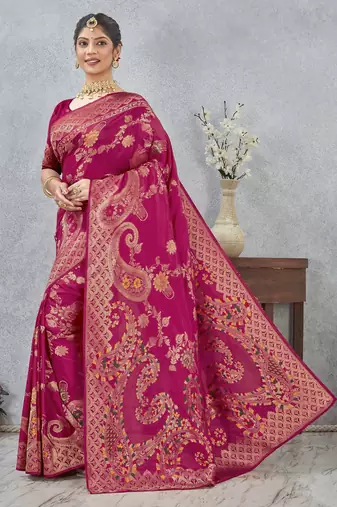 rani color banarasi silk blend meenakari work saree with blouse