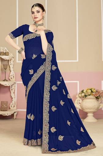 Navy blue color zirkon work & codding embroidered georgette saree with blouse