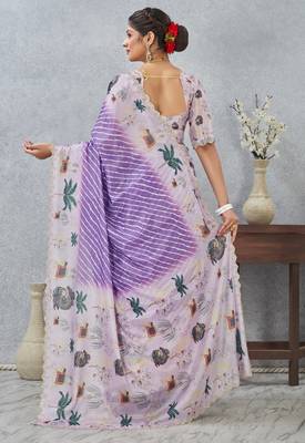 Purple color zirkon cut border worksatin digital printed saree with blouse 2