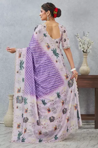Purple color zirkon cut border worksatin digital printed saree with blouse