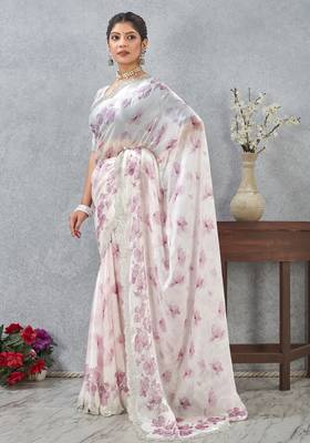 Pink zirkon work border fendy satin digital print saree with blouse 4