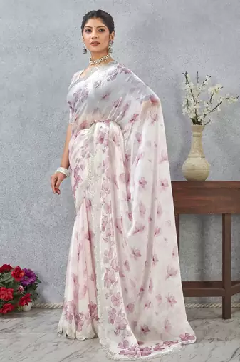Pink color zirkon work border fendy satin digital print saree with blouse