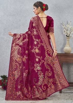 rani color banarasi silk blend meenakari work saree with blouse 5